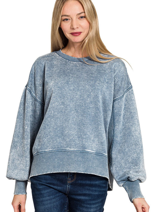 Dusty Blue Acid Wash Fleece Oversized Pullover