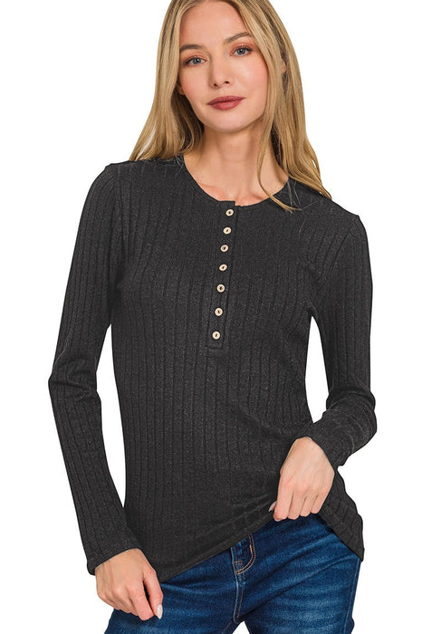 Black Ribbed Long Sleeve Henley