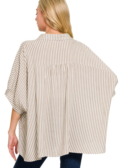 Rayon Striped Short Sleeve Button Up Shirt OVERSIZED
