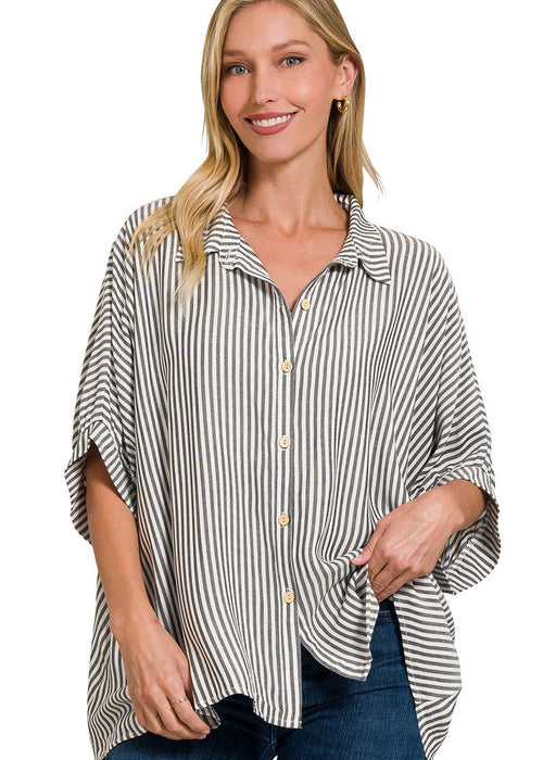 Rayon Striped Short Sleeve Button Up Shirt OVERSIZED