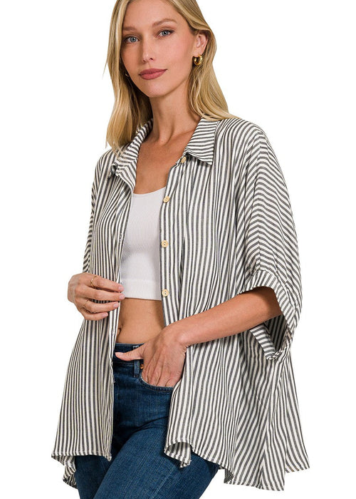 Rayon Striped Short Sleeve Button Up Shirt OVERSIZED