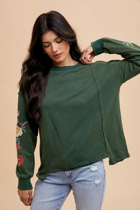 Floral Embroidered Sleeve Mineral Wash Knit Top