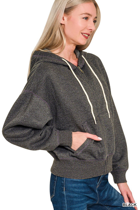 Black Acid Wash Fleece Cropped Zip-up Hoodie w/ Pockets
