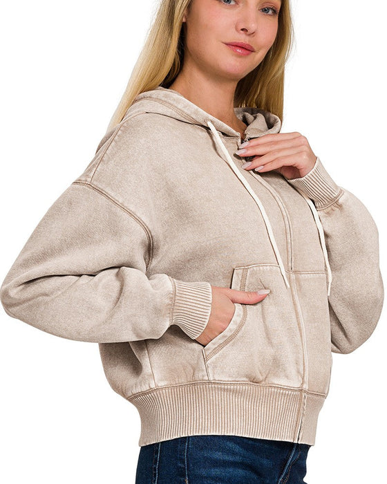 Ash Mocha Acid Wash Fleece Cropped Zip-up Hoodie w/ Pockets