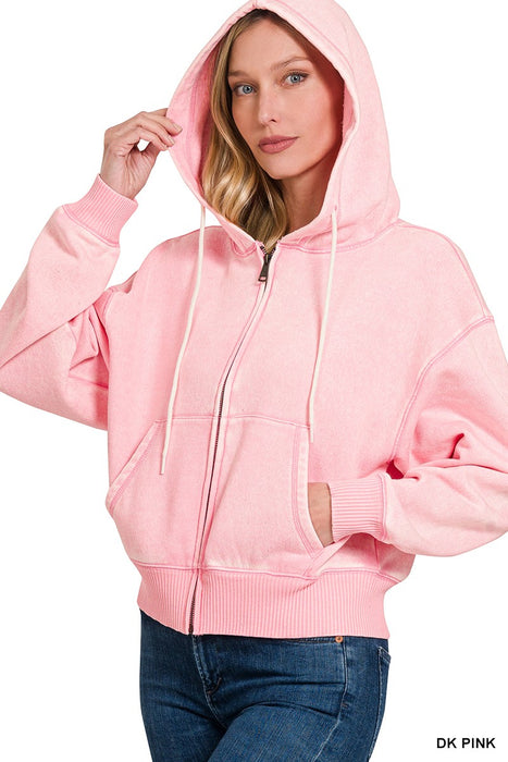 Pink Acid Wash Fleece Cropped Zip-up Hoodie w/ Pockets
