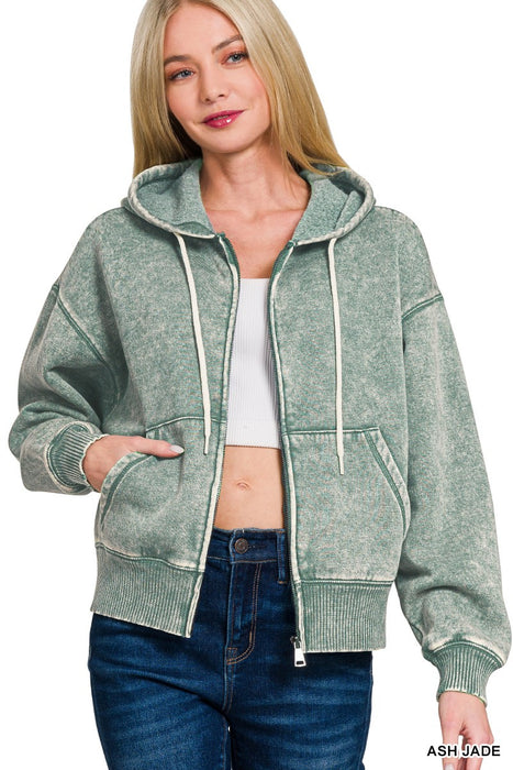 Green Acid Wash Fleece Cropped Zip-up Hoodie w/ Pockets