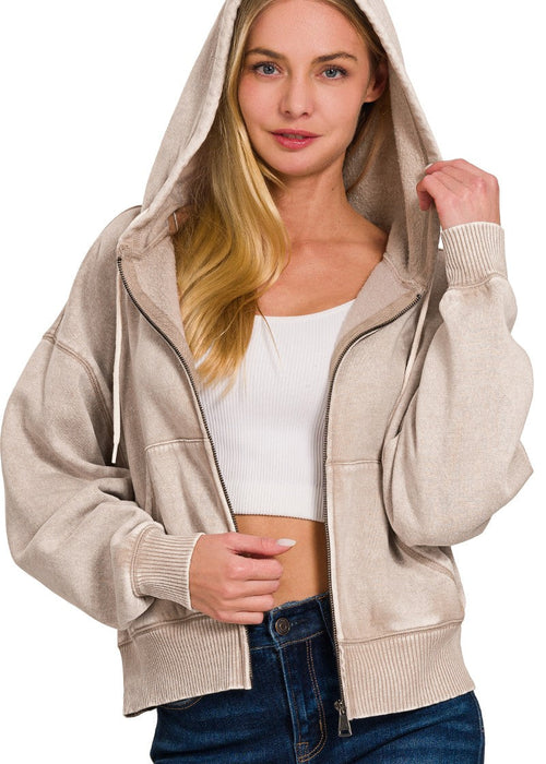 Ash Mocha Acid Wash Fleece Cropped Zip-up Hoodie w/ Pockets