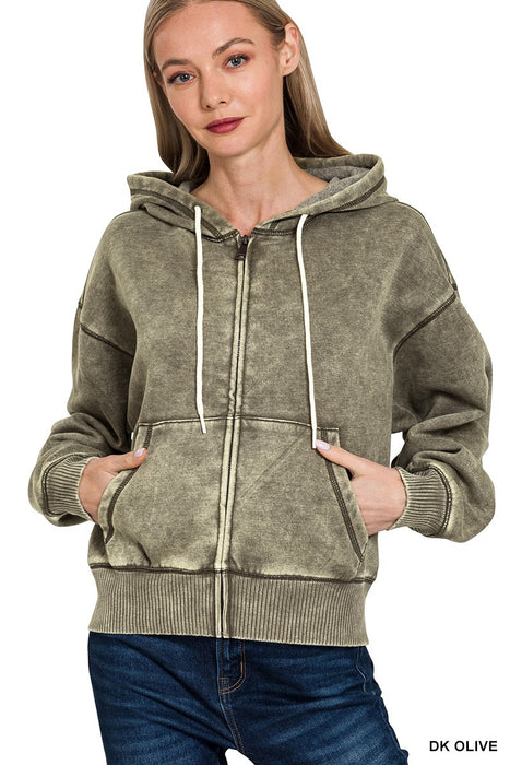 Dark Olive Acid Wash Fleece Cropped Zip-up Hoodie w/ Pockets
