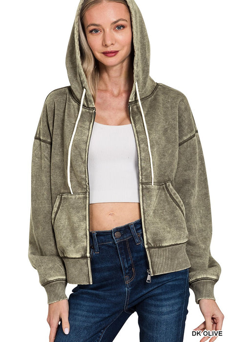 Dark Olive Acid Wash Fleece Cropped Zip-up Hoodie w/ Pockets