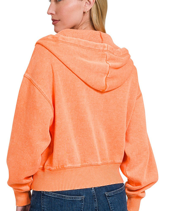Ash Mocha Acid Wash Fleece Cropped Zip-up Hoodie w/ Pockets