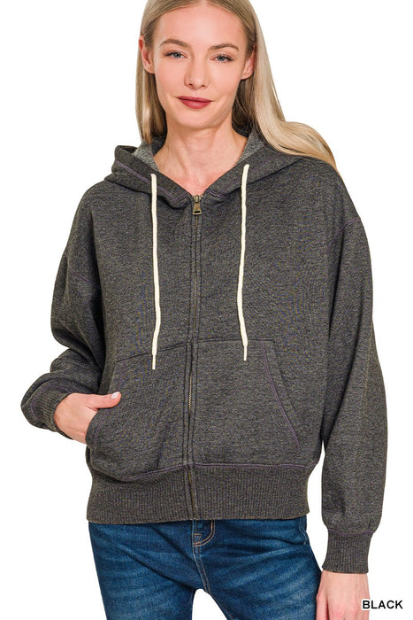 Black Acid Wash Fleece Cropped Zip-up Hoodie w/ Pockets