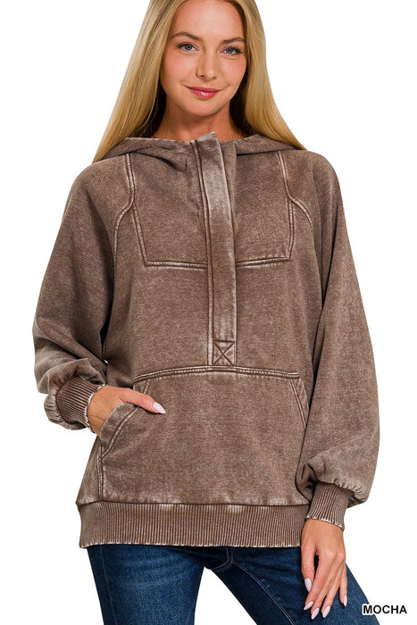 Brown Acid Wash Fleece Oversized 1/4 Zip Kangaroo Hoodie