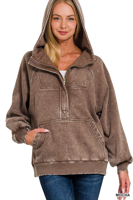 Brown Acid Wash Fleece Oversized 1/4 Zip Kangaroo Hoodie