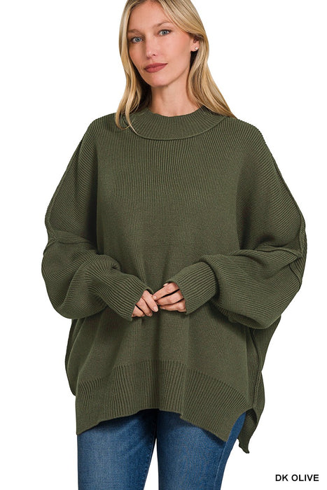 Dark Olive Side Slit Oversized Sweater