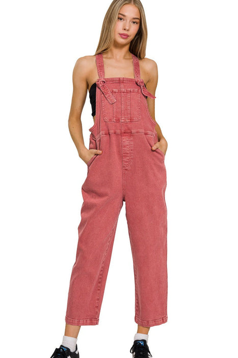 Cabernet Washed Knot Strap Relaxed Fit Overalls