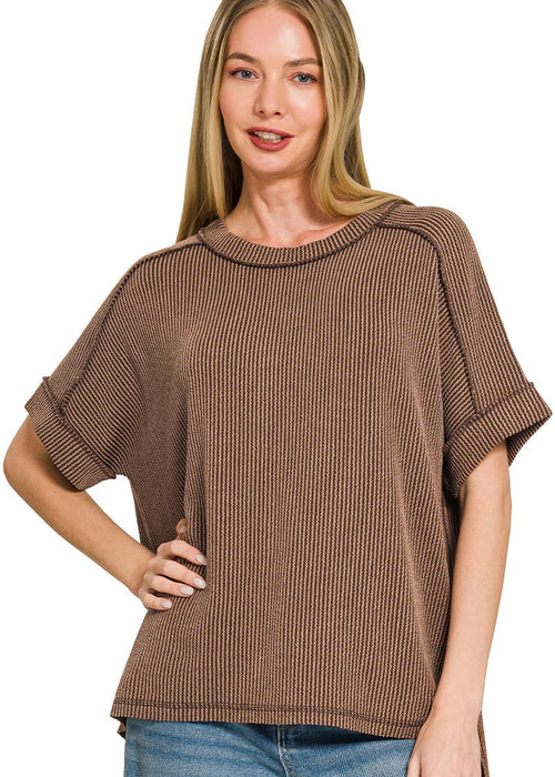 Chocolate Raised Rib Cuff Sleeve Raw Edge Top