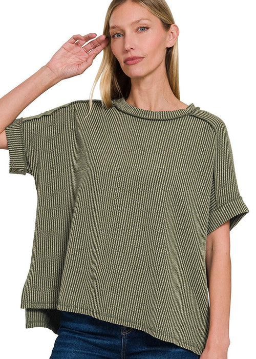 Dark Olive Raised Rib Cuff Sleeve Raw Edge Top