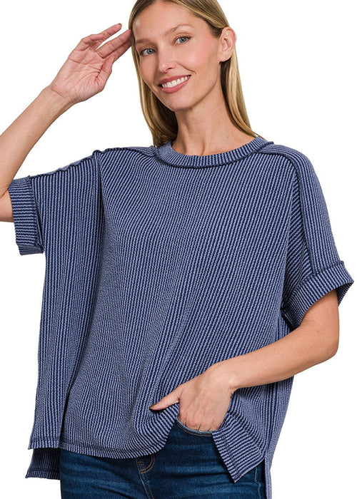 Navy Raised Rib Cuff Sleeve Raw Edge Top