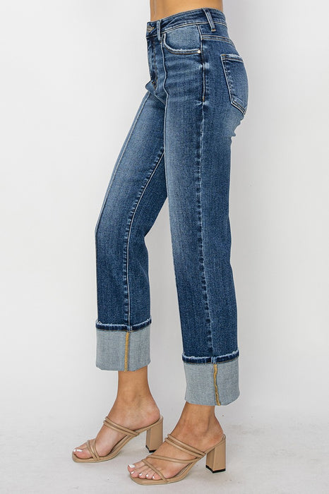 High Rise Straight Cuffed Jeans
