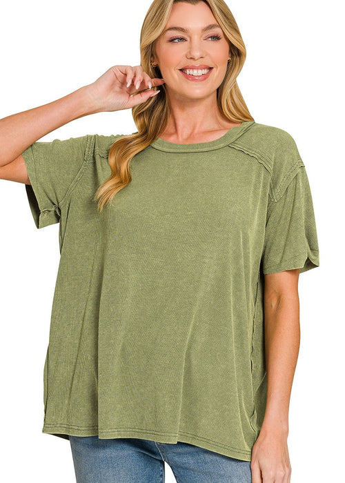 Light Olive Washed Ribbed Short Sleeve Boatneck Top