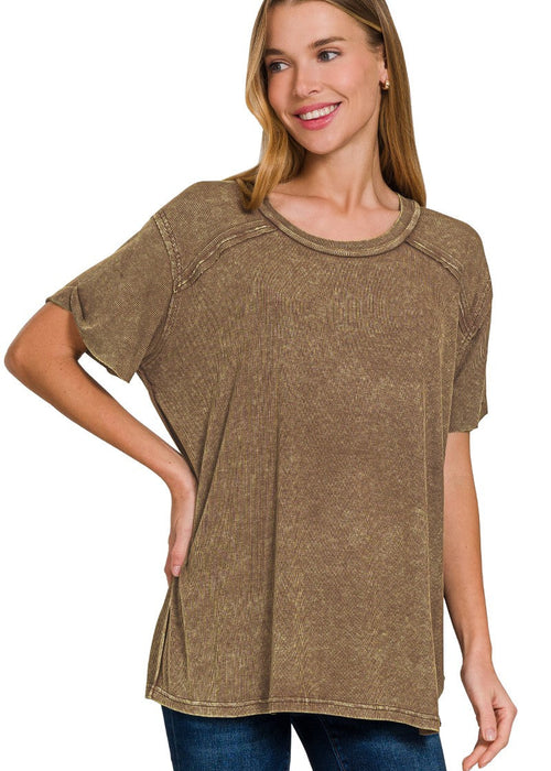 Brown Washed Ribbed Short Sleeve Boatneck Top