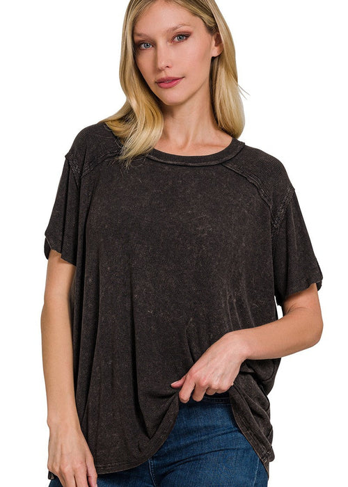 Black Washed Ribbed Short Sleeve Boatneck Top