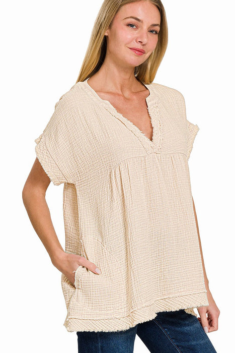 Sand Beige Washed Double Gauze Raw Edge Short Sleeve Shirt