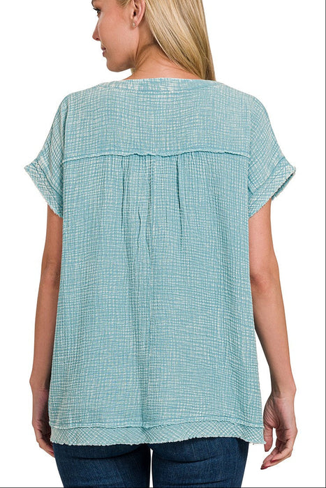 Sand Beige Washed Double Gauze Raw Edge Short Sleeve Shirt