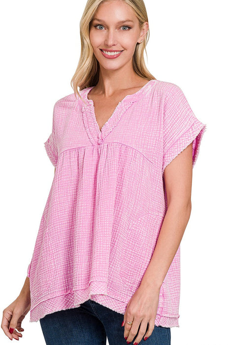 Pink Washed Double Gauze Raw Edge Short Sleeve Shirt