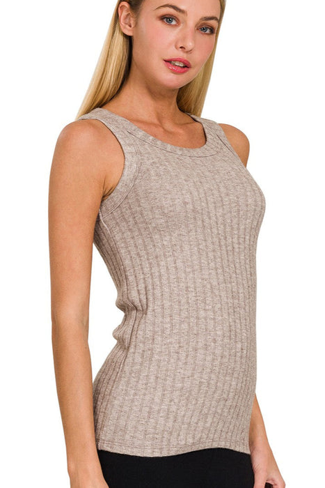 Oatmeal Ribbed Scoop Neck Sleeveless Top