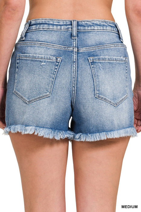 Mid Rise Raw Frayed Hem Denim Shorts Medium Wash