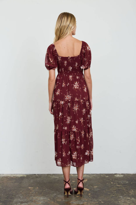 Floral Sweetheart Smocked Puff Tiered Midi Dress