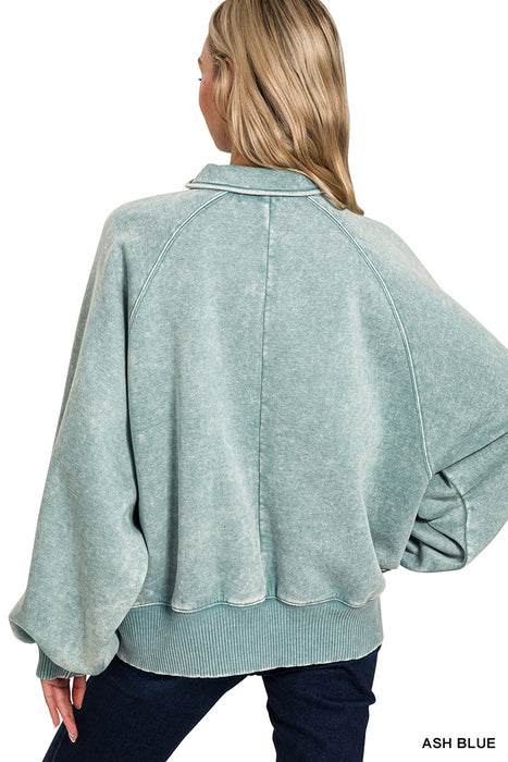 Dark Olive Acid Wash Fleece Button Up Collared Pullover Top
