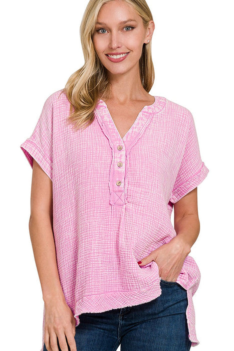 Pink Washed Double Gauze 3/4 Button Henley Neck Shirt