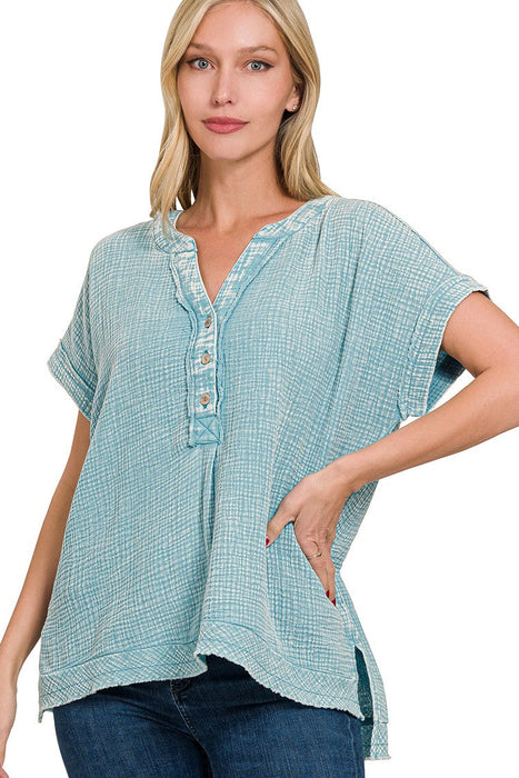 Teal Washed Double Gauze 3/4 Button Henley Neck Shirt