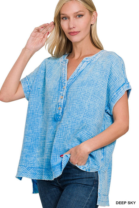 Sky Blue Washed Double Gauze 3/4 Button Henley Neck Shirt