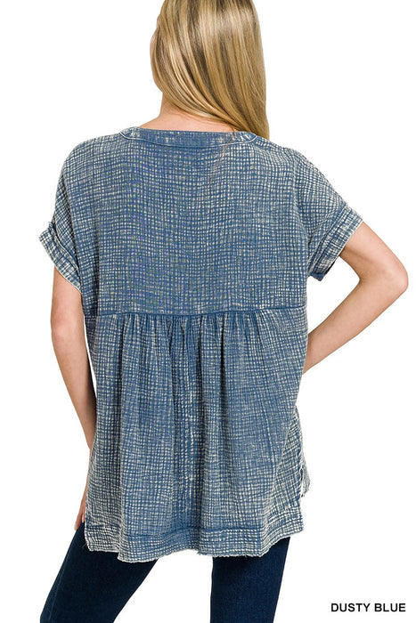 Sky Blue Washed Double Gauze 3/4 Button Henley Neck Shirt