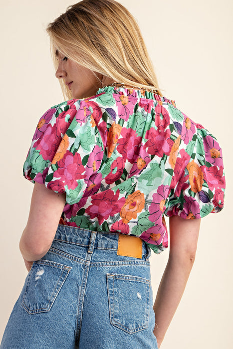 Vibrant Floral Print Split Neckline Blouse | XL-2XL