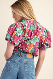Vibrant Floral Print Split Neckline Blouse