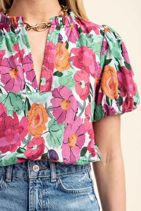 Vibrant Floral Print Split Neckline Blouse | XL-2XL
