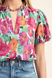 Vibrant Floral Print Split Neckline Blouse