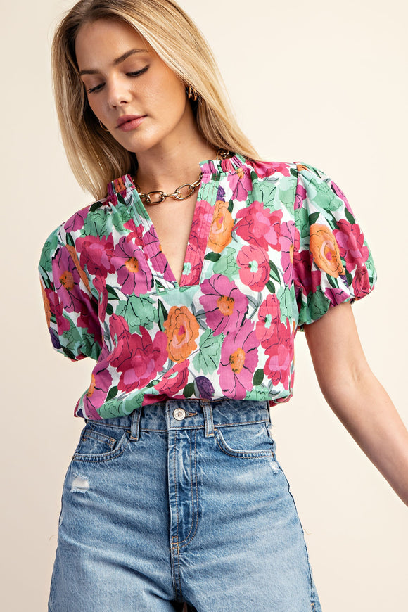 Vibrant Floral Print Split Neckline Blouse