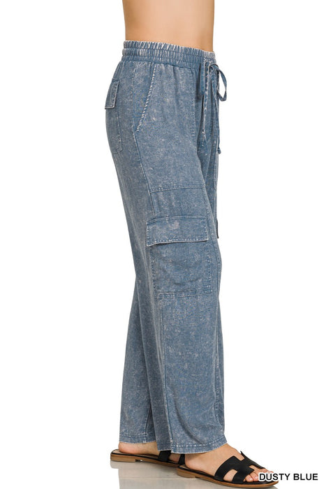 Beige Washed Linen Elastic Band Waist Cargo Pants