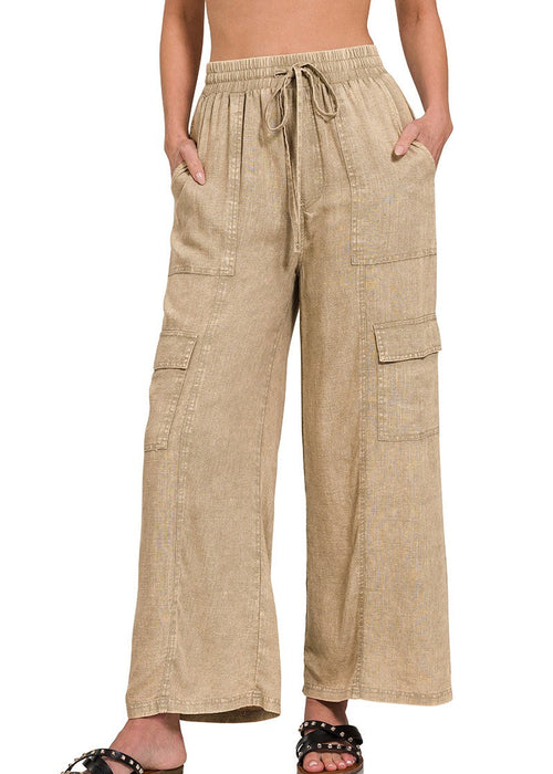 Beige Washed Linen Elastic Band Waist Cargo Pants