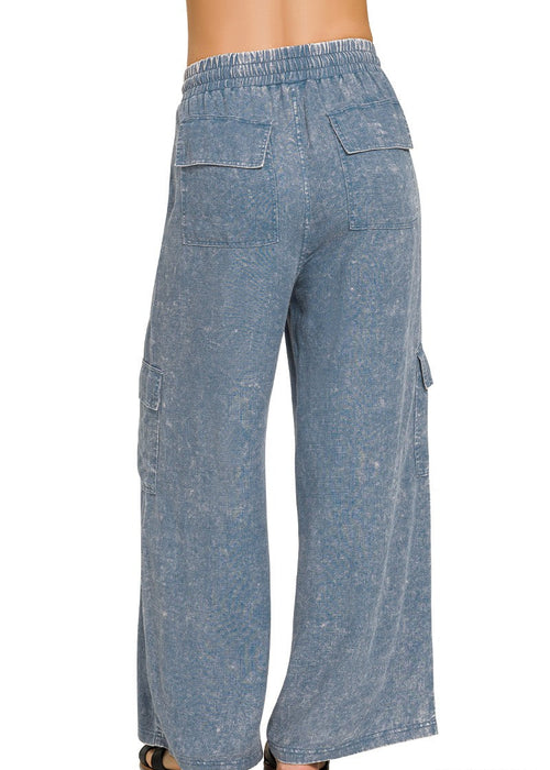 Beige Washed Linen Elastic Band Waist Cargo Pants