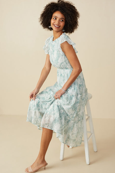 Mint Floral Embroidered Printed Mesh Ruffled Tank Dress