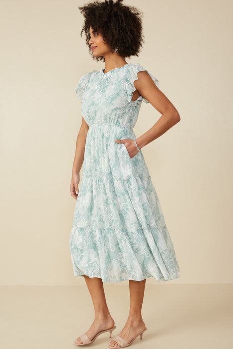 Mint Floral Embroidered Printed Mesh Ruffled Tank Dress