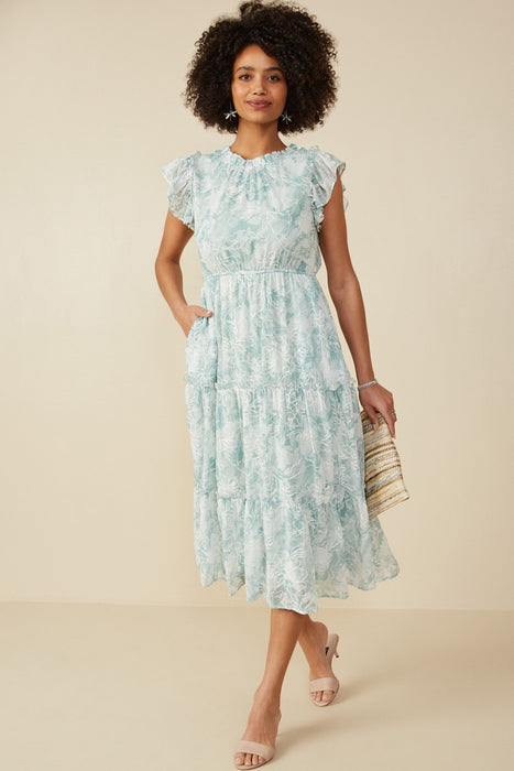 Mint Floral Embroidered Printed Mesh Ruffled Tank Dress