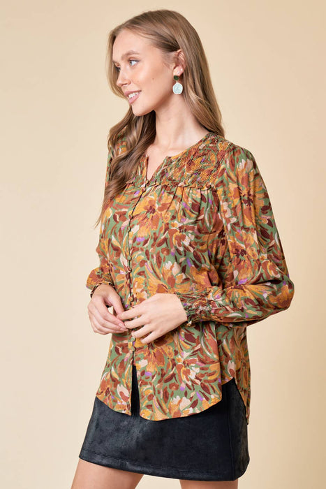 Olive Smocked Long Sleeve Blouse
