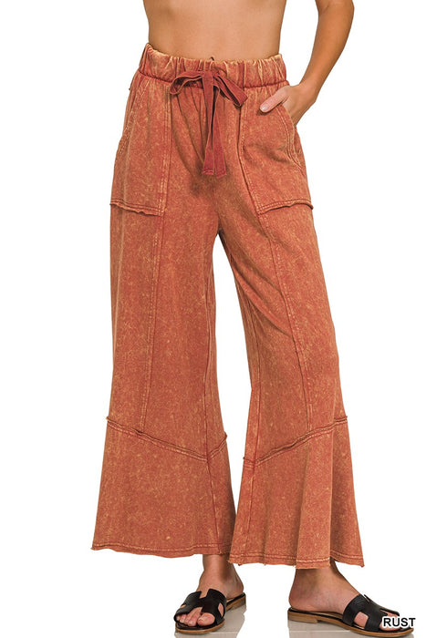 Rust Exposed-Seam Flare Hem Pants With Pockets